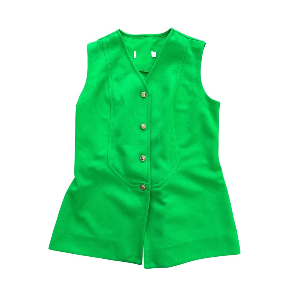 Vintage 70s Kelly Green Sleeveless Vest Gold Button Mod Martingale Back 7/8